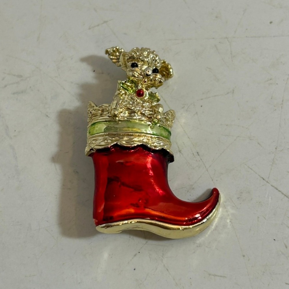 Gerrys‎ Vintage Christmas Poodle in Stocking Brooch Red Enamel Gold Tone Pin